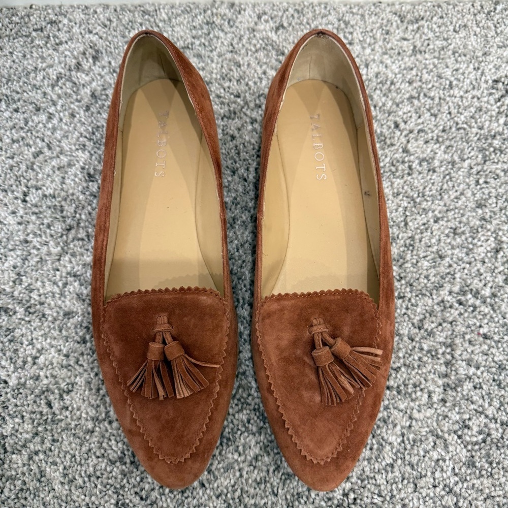Talbots Brown Suede Pointed Tie Fringe Driving Shoes Mocassins Women’s US 7.5 M